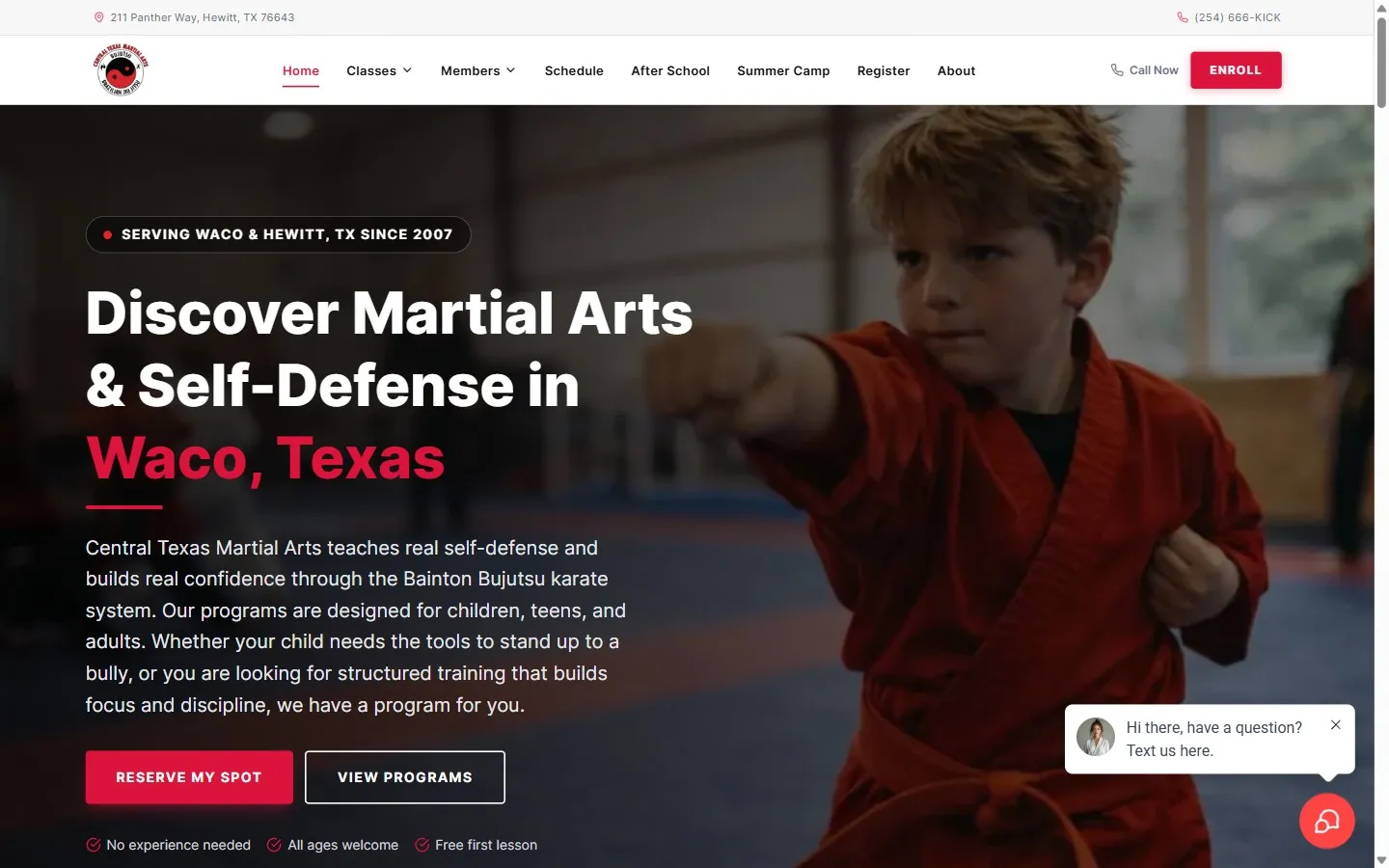 The Central Texas Martial Arts site we built, shown in a browser window